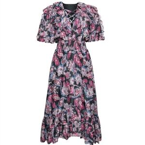Elegant Paisley Midi Dress - Pink and navy